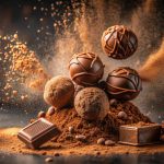 Composition dynamique de truffes et de carrés de chocolat artisanal entourés d'une explosion de poudre de cacao fine