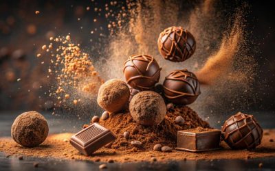 Composition dynamique de truffes et de carrés de chocolat artisanal entourés d'une explosion de poudre de cacao fine