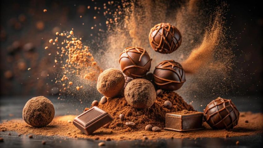 Composition dynamique de truffes et de carrés de chocolat artisanal entourés d'une explosion de poudre de cacao fine