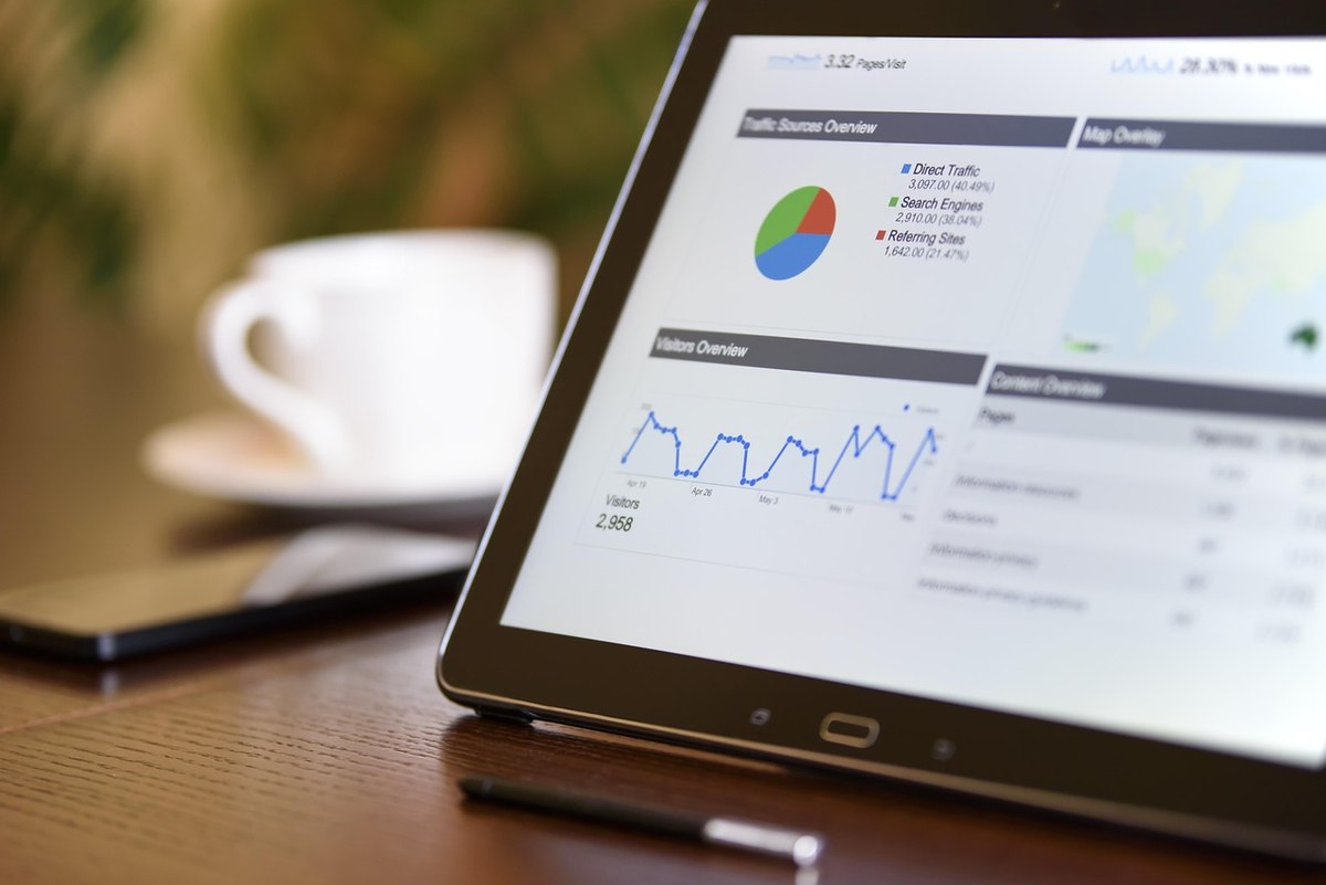 Tablette numérique affichant graphiques et statistiques, avec tasse de café à côté, sur bureau professionnel
