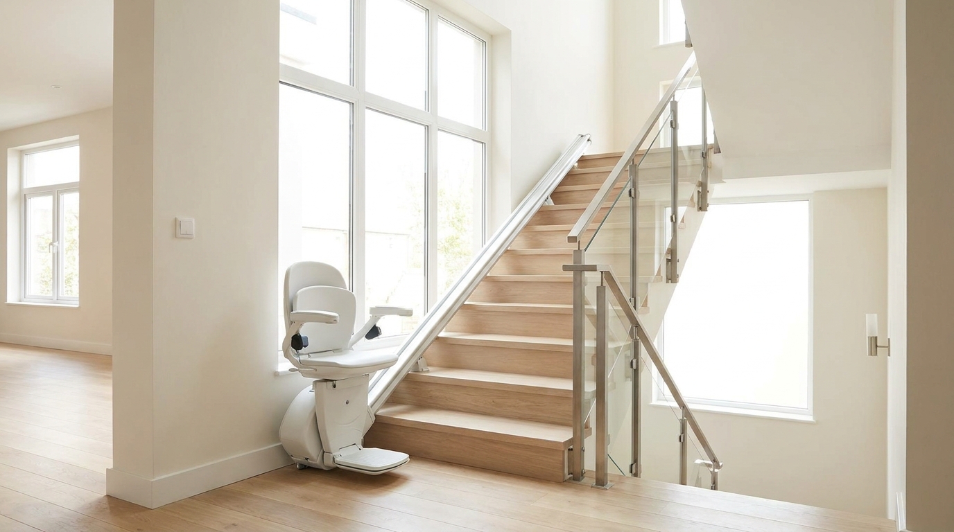Monte-escalier installé le long d'un escalier de maison, rampe moderne, intérieur clair